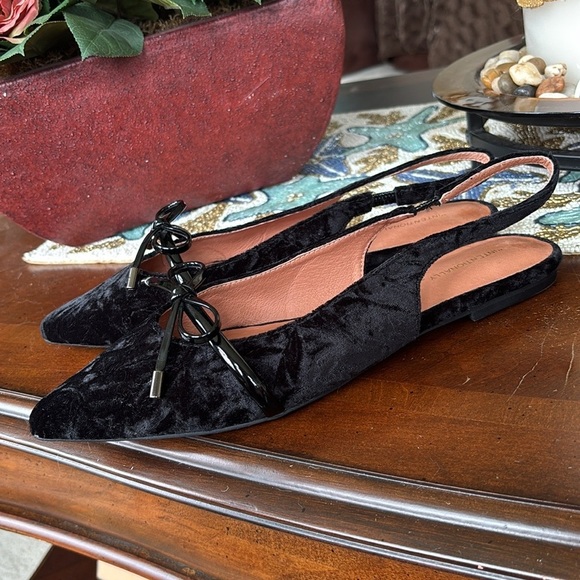 INTENTIONALLY BLANK SEVENTH VELVET SLINGBACK FLATS BLACK POINTED TOE BOW VINTAGE - Picture 11 of 16